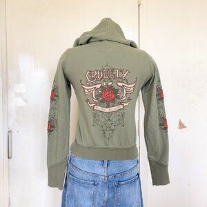 Forever 21 Vintage Embroidered Floral Green Cropped Hoodie Sweater Small